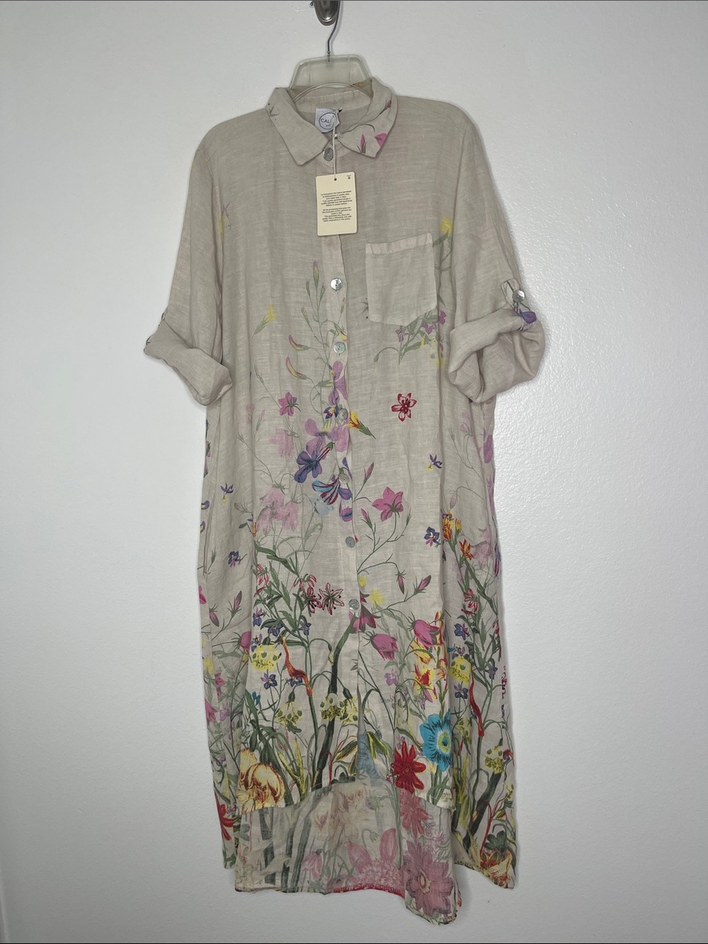 Calafi 777 Linen Floral Short Sleeve High Low Swing Shirt Dress Plus Size New